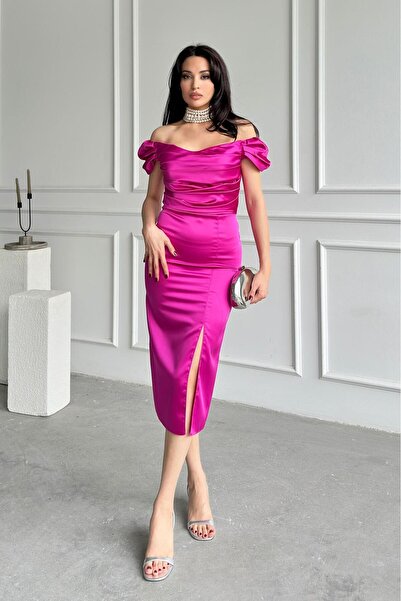 Serica Moda Rochie de seară midi cu umăr fucsia