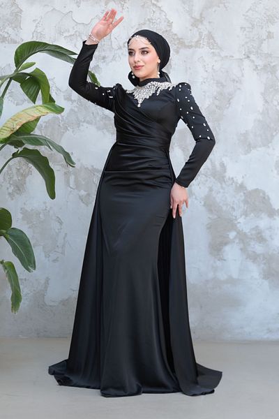 Neva Style Beaded Black Hijab Satin Evening Dress 51312S