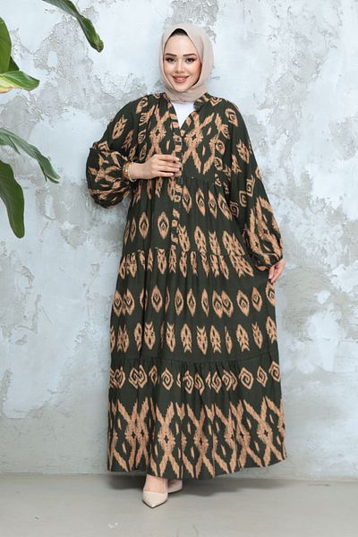 Neva Style Patterned Khaki Hijab Dress - 30052Hk