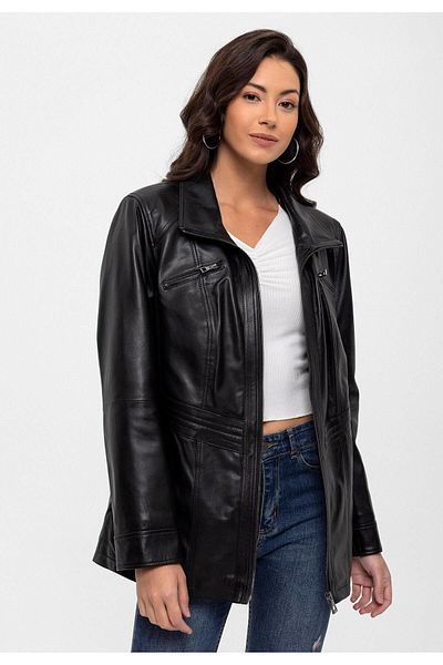 Deriderim Black Mira Zippered Shirt Collar Wide Cut Lined Women's Genuine Leather Coat