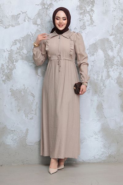 Neva Style Zippered Beige Hijab Dress 17021Bej