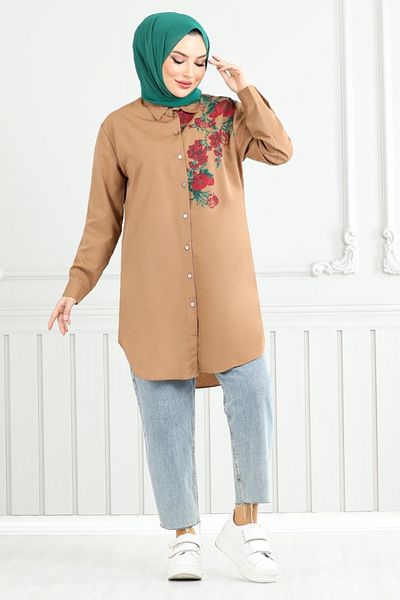 ModaMerve Floral Printed Tunic 405Evo1065-M Brown