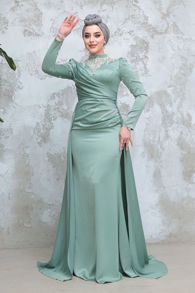 Neva Style Beaded Green Hijab Satin Evening Dress 51312Cy