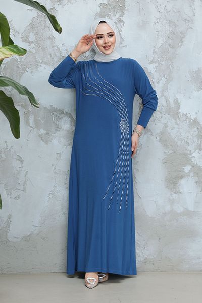 Neva Style Indigo Blue Beading Κεντημένο Φόρεμα Hijab 9345IM