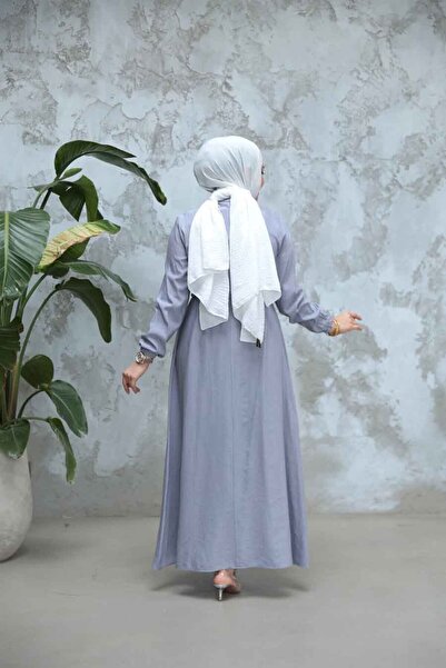 Neva Style Buttoned Gray Hijab Dress 17131Gr