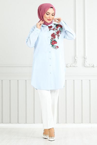 ModaMerve Floral Printed Tunic 405Evo1065-M Baby Blue