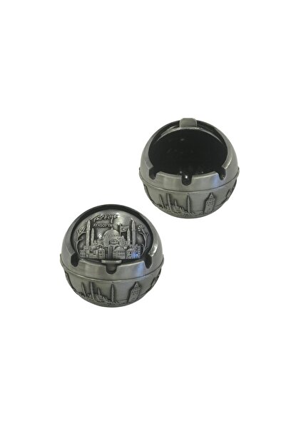 MEVLANA BAZAAR Metal Açılır Kapanır İşlemeli Kül Tablası Gri