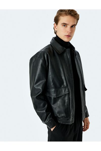 Koton Faux Leather Jacket with Long Sleeves and Flap Pocket Detail