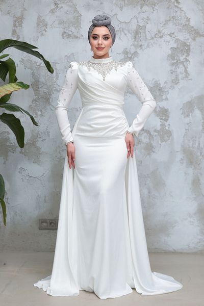 Neva Style Tailed Ecru Hijab Satin Evening Dress 51312E
