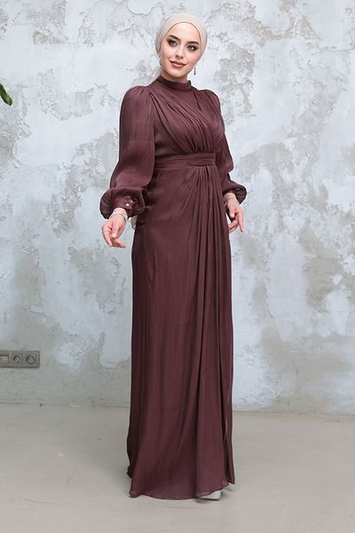 Neva Style Drape Detailed Brown Hijab Evening Dress 50921Kh