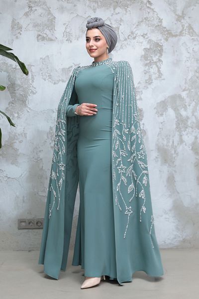 Neva Style Hijab Evening Dress - Hijab Evening Dress with Cape Sleeves Green Hijab Evening Dress 51681Cy