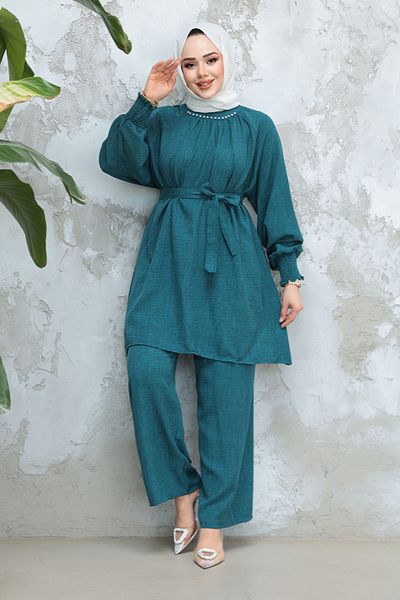 Neva Style Costum dublu cu curea, albastru petrol, hijab 44691PM