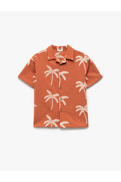 Koton Short Sleeve Cotton Shirt with Palm Embroidery Detail