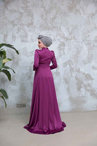 Neva Style Bead Embroidered Plum Hijab Satin Evening Dress 51312Mu