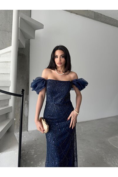 Serica Moda Sötétkék léggömb ujjú, flitteres, hímzett pánt nélküli estélyi ruha