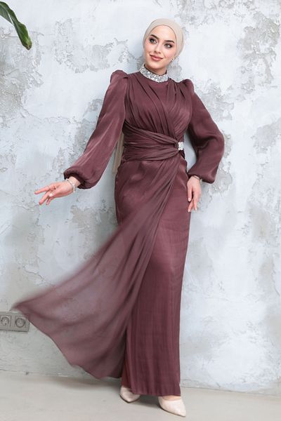 Neva Style Hijab Evening Dress - Brown Hijab Evening Dress with Drape Detail 50581Kh