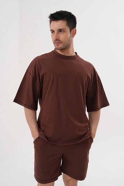 ACTIVE MODA - Men's Brown Short Sleeve Tshirt - Shorts Set 2 Pieces Large Size Oversized Cotton