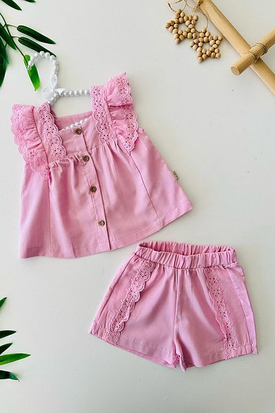 Minigimin Cicileri My Little One's Cicileri Scallop Detailed Baby Girl Cotton Shorts Suspender Set - Pink