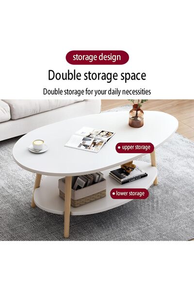 Taimi Oval Wooden Table, Modern Design Home Table with 2 Storage Layers Coffee Table 90x50x42cm - White