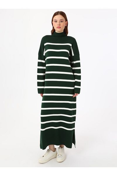 Benin Striped Report High Neck Knitwear Hijab Dress - Green - Benin