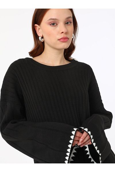 Benin Openwork Detailed Knitwear Hijab Dress - Black - Benin