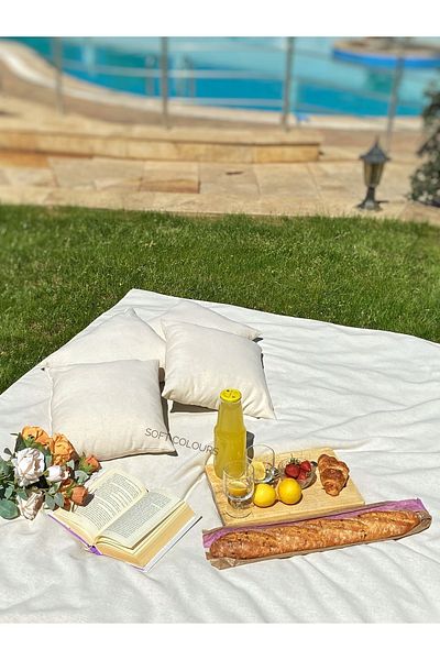 Soft Colours Authentic Retro Raw Linen Picnic Mat and 4 Pieces Zippered Washable Cushioned Picnic Balcony Set