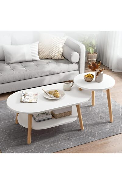 Taimi Nesting Coffee Table for Living Room-and Small Round Side Table White Size (80x45x30)+(40x40x38)cm