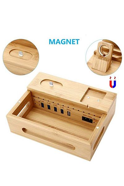 COOYA Bamboo Charging Station, Equipped with 5 USB Type a Charger Ports for Tablet Headset Mobile Phones