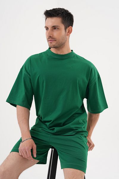 ACTIVE MODA - MEN'S GREEN SHORT SLEEVE TSHIRT - SHORTS SET 2-PIECE PLUS SIZE OVERSIZED COTTON