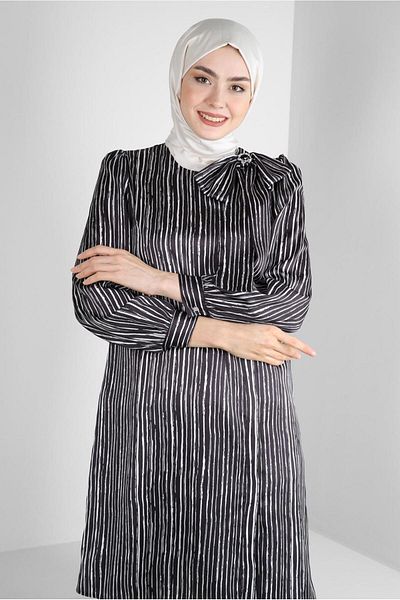 Alvina STRIPED COLLAR BOW DETAIL SATIN TUNIC 43738