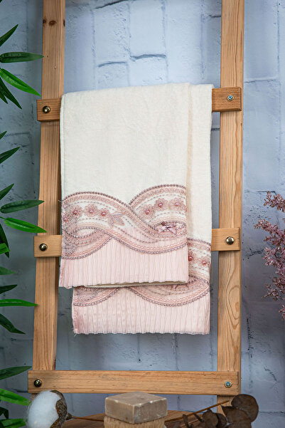 FAVORA 100% бавовна, з бантиком, з мереживом, 2 рушники 50x90 - пудра