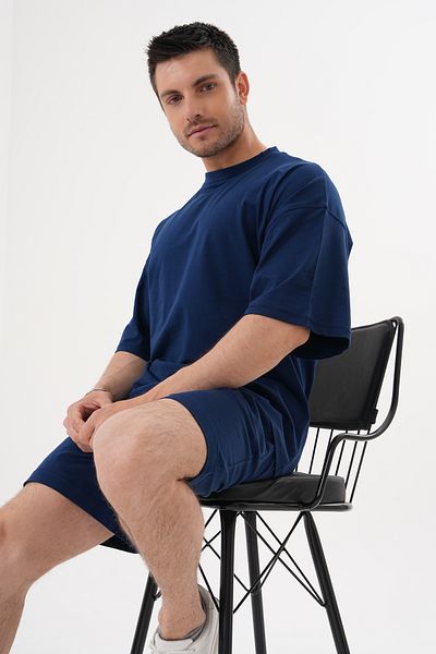 ACTIVE MODA - قميص بأكمام قصيرة بأكمام قصيرة أزرق كحلي للرجال - طقم شورت قطن كبير الحجم من قطعتين