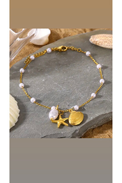 By Song Aksesuar İncili deniz kabuklu deniz yildizli çelik halhal