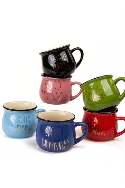 MUKKO HOME Set of 6 Enamel Look Porcelain Mugs with Good Morning Gold Writing 150 ml