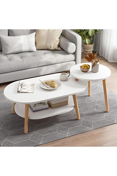 Taimi Nesting Coffee Table for Living Room-and Small Round Side Table White Size (80x45x30)+(40x40x38)cm