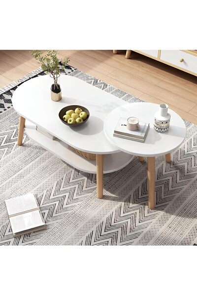 Taimi Nesting Coffee Table for Living Room-and Small Round Side Table White Size (80x45x30)+(40x40x38)cm