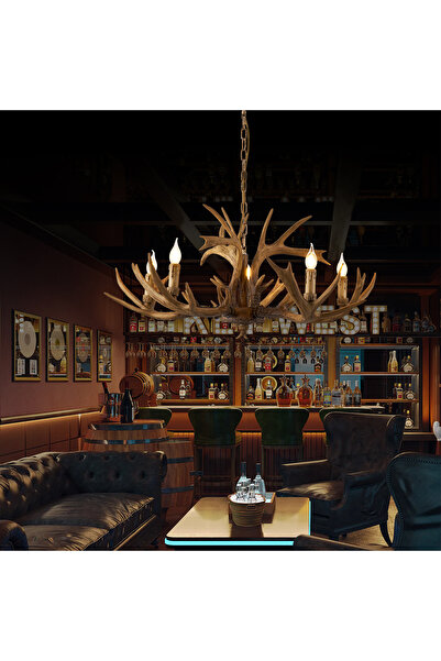 Apliqa Zoye Ahşap 5'li Geyik Boynuzu Desenli Modern Kafe Restoran. Salon Avize