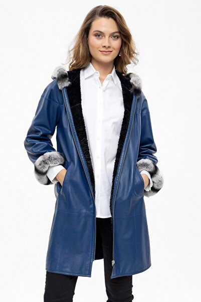 Deriderim Mavi Hillary Geniş Kesim İçi Kumaş Çift taraflı Kapüşon ve Kol ağzı Kürklü Kadın Hakiki Deri Kaban