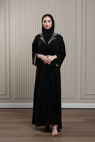 LAVİNİA Lavinia women abaya with handmade silver bead collar and sleeves, flip design.
