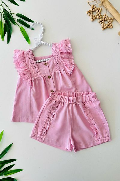 Minigimin Cicileri My Little One's Cicileri Scallop Detailed Baby Girl Cotton Shorts Suspender Set - Pink