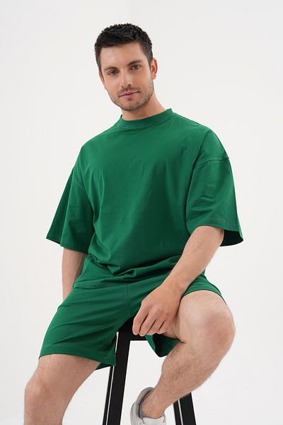 ACTIVE MODA - MEN'S GREEN SHORT SLEEVE TSHIRT - SHORTS SET 2-PIECE PLUS SIZE OVERSIZED COTTON