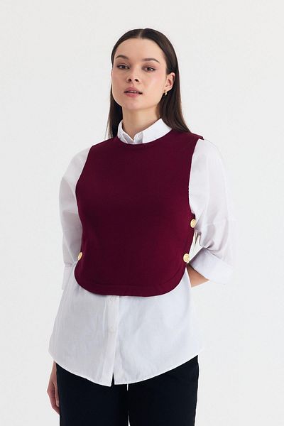 Rays Claret Red Side Button Detail Zero Sleeve Sweater 2111