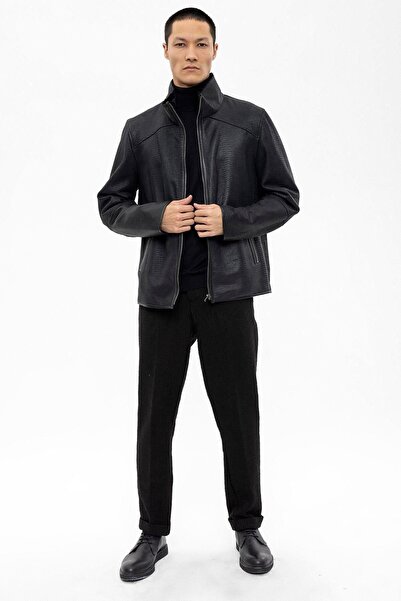 Deriderim Jo Black Furry Inside Zippered Warm Crocodile Print Men's Coat