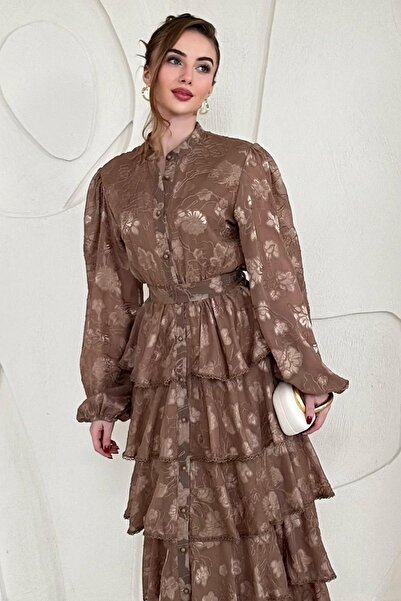 Elbee Fashion Woman Volanlı Şeritli Kat Kat Elbise