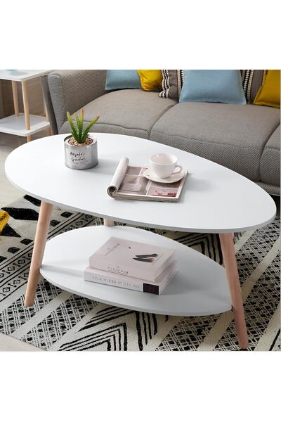 Taimi Oval Wooden Table, Modern Design Home Table with 2 Storage Layers Coffee Table 90x50x42cm - White
