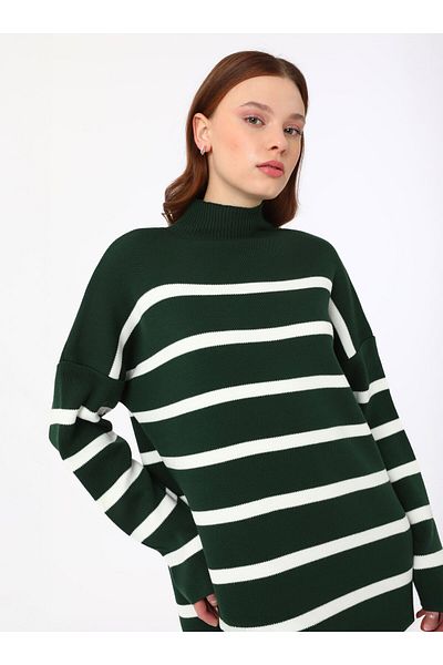 Benin Striped Report High Neck Knitwear Hijab Dress - Green - Benin