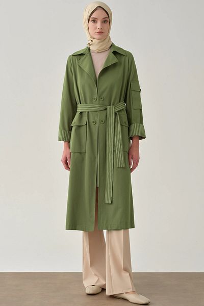 Tuğba Olive Colored Pocketed Stripe Printed Trench Coat Shoes