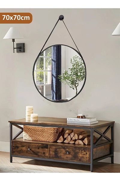 Taimi Round wall mounted mirror with strap 70cm Black frame
