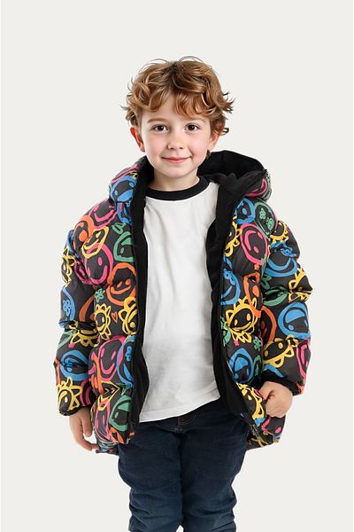 Montland Boys' Winter Puffer Jacket - Smiling Emoji Pattern, Fleece and Fur, Water and Windproof, Hooded and Pocketed