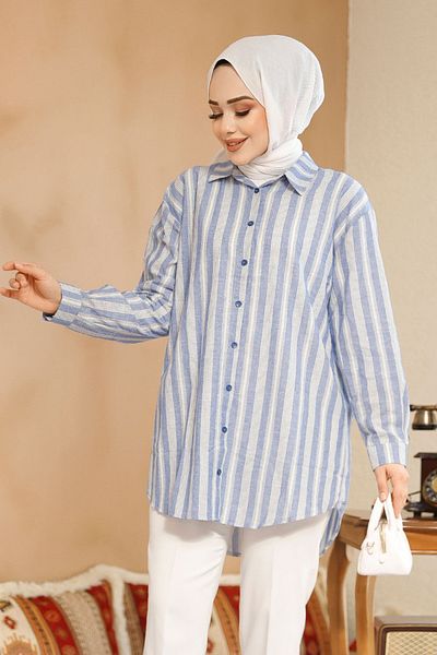 Neva Style Cămașă Hijab Albastră în dungi 52292m
